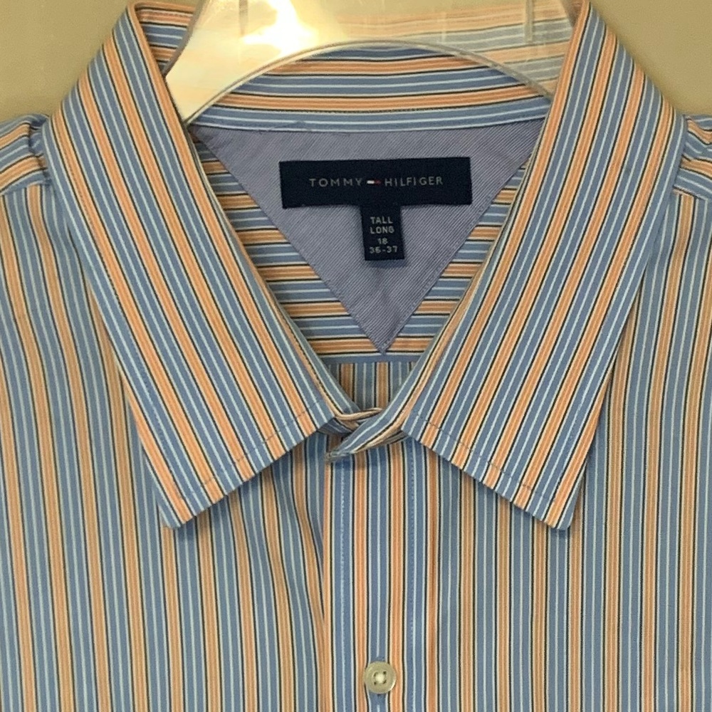Tommy Hilfiger Men’s stripe dress shirt size 18 neck Tall  36-37 sleeve